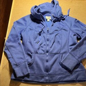 Tangerine hoodie with pockets and zipper on the sleeve. Periwinkle blue. Large.